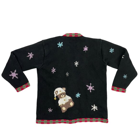 Vintage Teddy Bear Sweater Button Front Cardigan Winter Theme Ramie Cotton 1980s - Picture 2 of 4